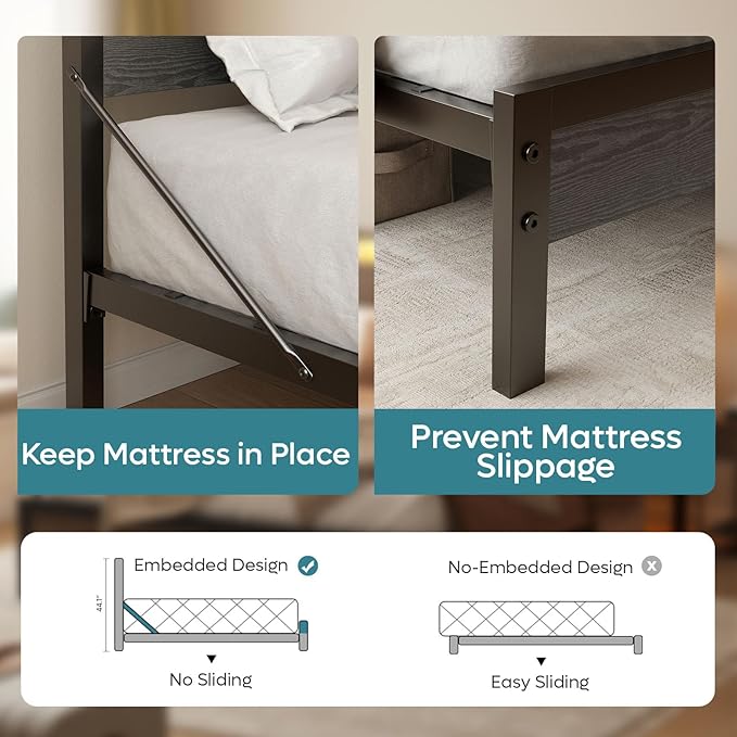 Bestier Full Bed Frame with Headboard Storage and Charging Station, Platform Bed Frame with LED Lights, Non-Slip Metal Bed Frame Full Size, Noise-Free, Easy Assembly, Grey