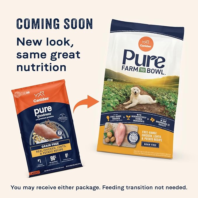 Canidae Pure Limited Ingredient Premium Adult Dry Dog Food, Real Chicken, Lentil & Potato Recipe, 4 lbs, Grain Free