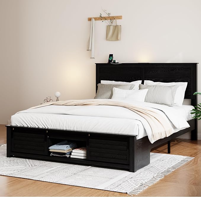 Wooden Full Size Bed Frame with Headboard, Classic Black Farmhouse Storage Bedframe with Sliding Barn Door Footboard and Charging Station, Wood Slats, No Box Spring Needed