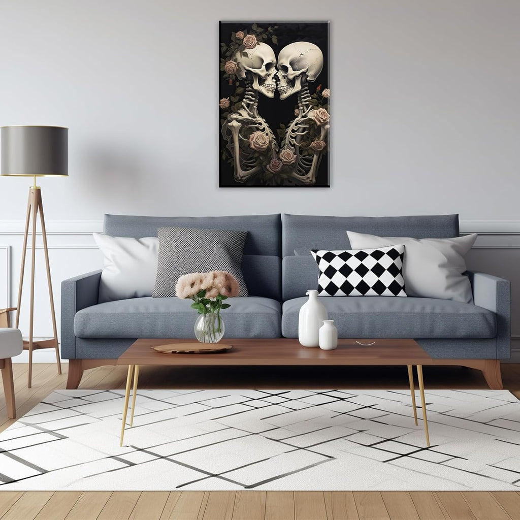 OAAPITI Vintage Skeleton Canvas Wall Art Gothic Painting Artwork Retro Rose Skull Art Poster Abstract Romantic Theme Picture Halloween Living Room Decor(Artwork-4,12"x18")