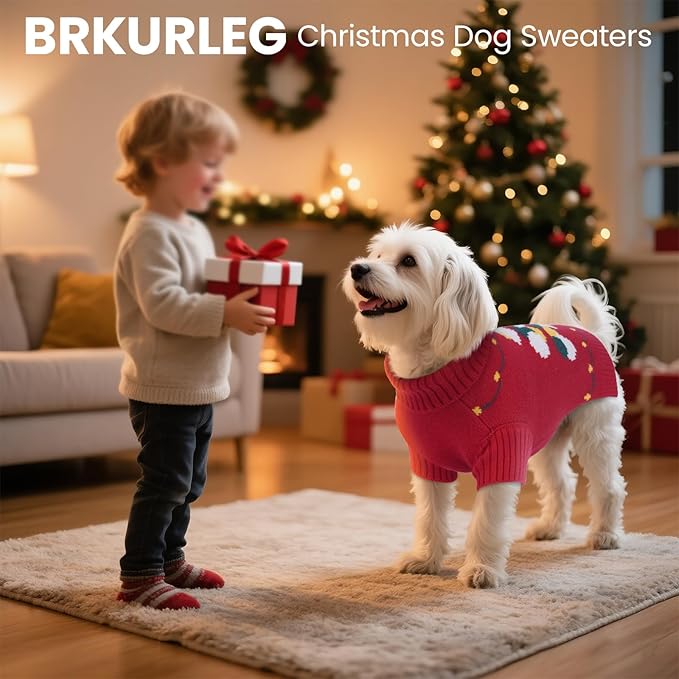 BRKURLEG Christmas Dog Sweaters for Cold Weather, Warm Turtleneck Sweaters for Small Dogs, Xmas New Year Pullover Knitted Sweatshirt for Cats, Dachshund, Poodle, Shih Tzu (Red, S)