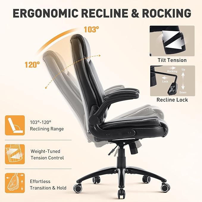 Ergonomic PU Leather Office Chair with Flip-Up Armrests, Reclining Backrest, Adjustable Height & Tilt Tension, Thick Padded Seat, Breathable Leather, 300LBS Capacity Executive Desk Chair,Black