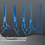 7.0in Titanium Professional Pet Grooming Scissors Set, GEMEK 6 in 1 Straight & Thinning & Upwards Curved & Downwards Curved Scissors & Comb for Dogs, Cats (Blue)