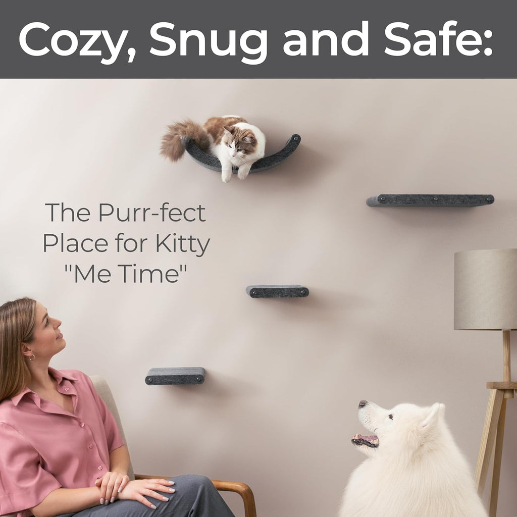Wall Mounted Cat Shelves (Set of 4) by Pryde Pets - 100% Sustainable PET Felt Feline Enrichment Climber Furniture for Small & Large Indoor Cats, Modern Climbing Gym Jungle Design (Charcoal)
