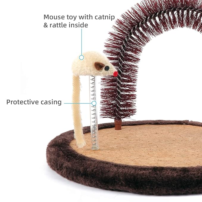 Happi N Pets Original Cat Self Groomer, Arch Grooming Brush wtih Heavy Wooden Scratching Pad, Rubbing Post & Toy, Cat Face Scratchers Body Massager, Cat Scratchers for Indoor Cats, Brown
