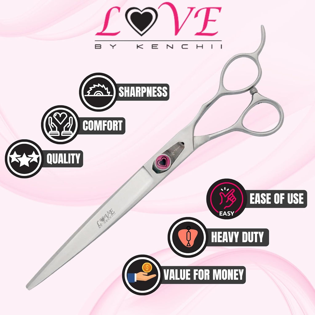 Kenchii Love Left Handed Dog Grooming Scissors, 8 Inch Curved Shears, Dog Scissors for Grooming, Professional Pet Grooming Scissors, Ergonomic & Comfortable