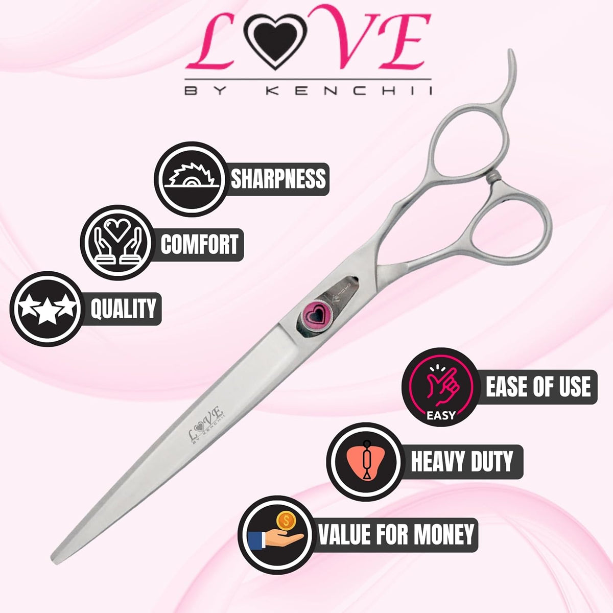 Kenchii Love Left Handed Dog Grooming Scissors, 8 Inch Curved Shears, Dog Scissors for Grooming, Professional Pet Grooming Scissors, Ergonomic & Comfortable