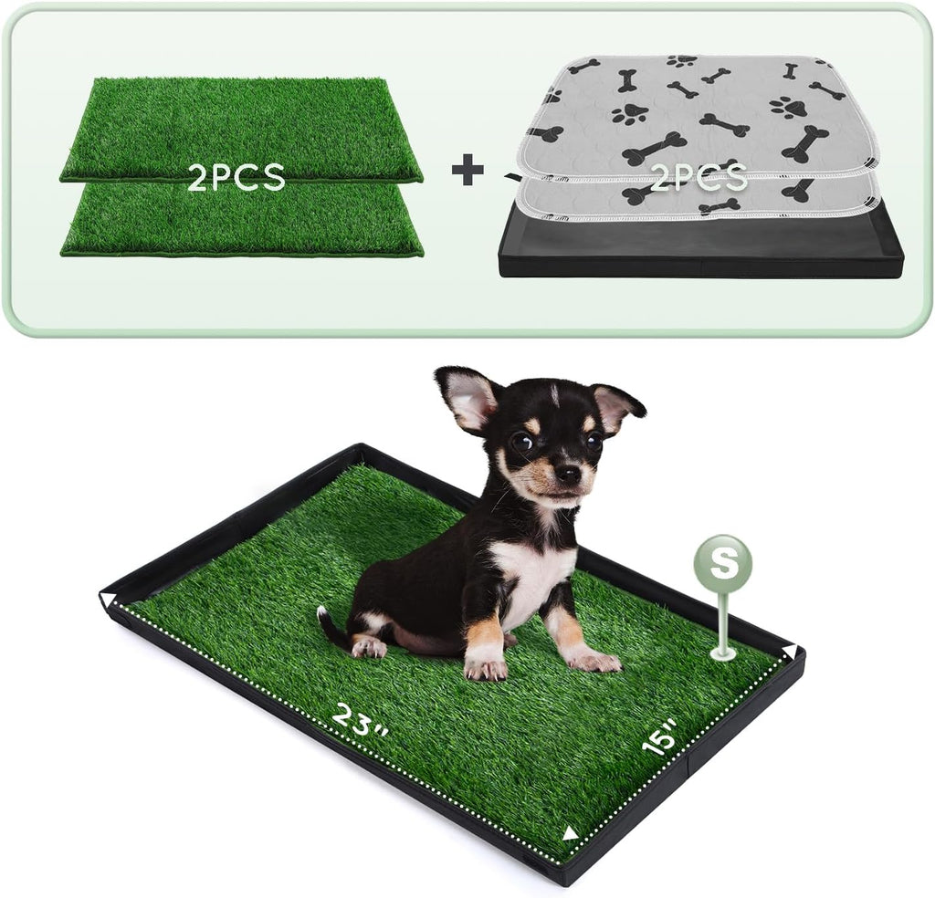 Dog Grass Pad with Foldable Dog Litter Box,Small Liner Base for Balcony，Ultra-Absorbent Artificial Grass Pads for Dogs Pee Pad Holder, Potty Training, 2 PCS Reusable Pee Pads