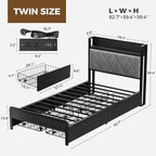 Bed Frame Twin Size with Charging Station and LED Lights, Upholstered Storage Headboard with 4 Drawers, Heavy Duty Metal Slats, Noise Free, Easy Assembly, No Box Spring Needed