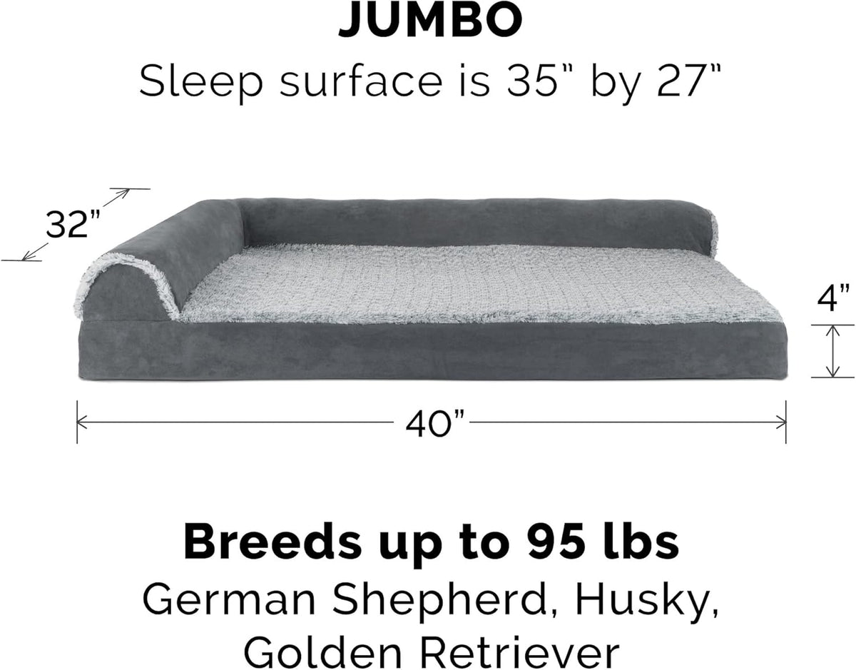 Furhaven Cooling Gel Dog Bed for Large Dogs w/ Removable Bolsters & Washable Cover, For Dogs Up to 95 lbs - Two-Tone Plush Faux Fur & Suede L Shaped Chaise - Stone Gray, Jumbo/XL