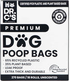 Certified 65% PCR (Post Consumer Recycled) Plastic and 35% Plant Based Dog Poop Bags - Dr. C's Premium Dog Poop Bags - 270 Bags / 18 Rolls, Extra thick, Leak Proof, Unscented, Earth Friendly