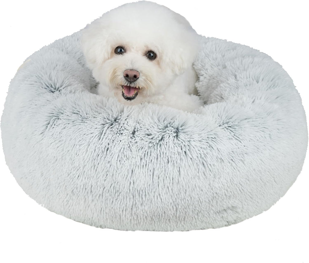 Best Pet Supplies Round Donut Dog Bed with Plush Faux Fur Fabric, Calming, Anti-Anxiety Cushion for Indoor Pets, Slip-Resistant Base, Soft Ergonomic Support - Light Warm Gray, 20x20x6''