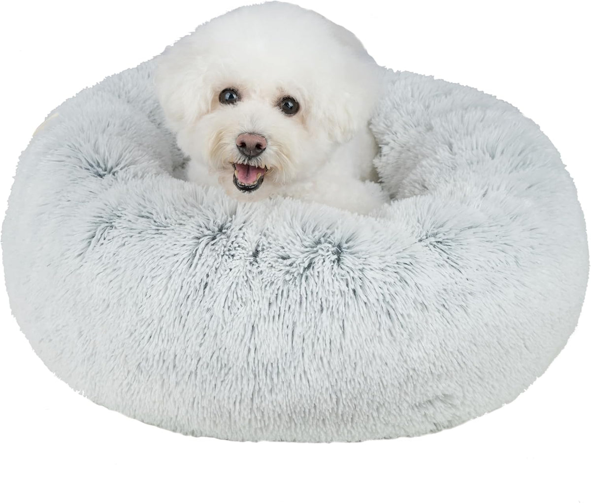 Best Pet Supplies Round Donut Dog Bed with Plush Faux Fur Fabric, Calming, Anti-Anxiety Cushion for Indoor Pets, Slip-Resistant Base, Soft Ergonomic Support - Light Warm Gray, 20x20x6''