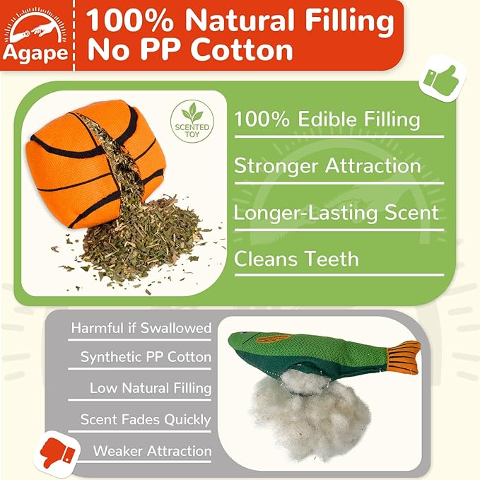 Agape Natural Cat Toys, 100% Catnip & Silvervine Filled, Interactive Chew and Kicker Balls for Indoor Cats, Enrichment and Teeth-Cleaning Fun for Bored Cats and Kittens, 2 Pack Crinkle Cat Toys