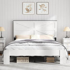 Wooden Bed Frame Queen Size with Headboard, Farmhouse Platform Bedframe with Wood Slat Support, Sturdy Framework Bed Frame, Easy Assembly (Rustic White)