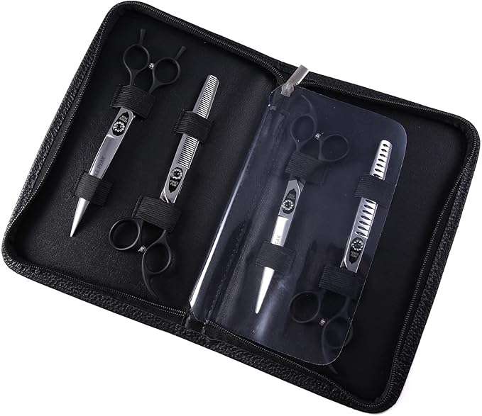 Fenice Peak 7.5'' Professional Dog Grooming Scissors Set with Black Non-Slip Handle 440C Stainless Steel Straight Thinning Curved Chunker Shears 4pcs Set for Pet Grooming Services