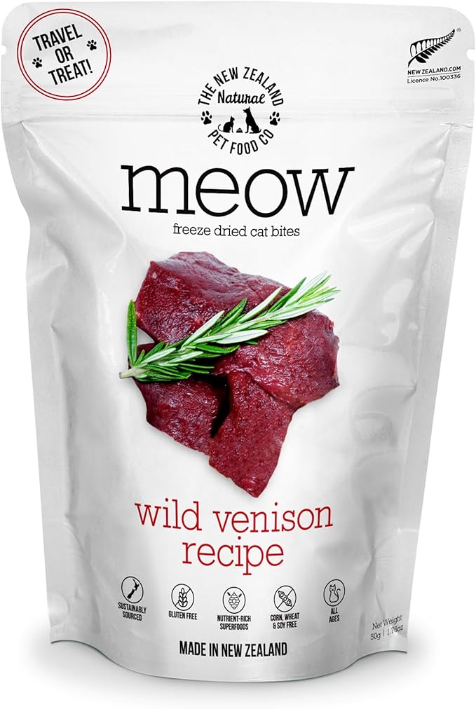 The New Zealand Natural Pet Food Co Meow Freeze Dried Cat Food - Wild Venison Recipe, High Protein Treats, Meals & Toppers, Dry Cat Food, 1.76 oz