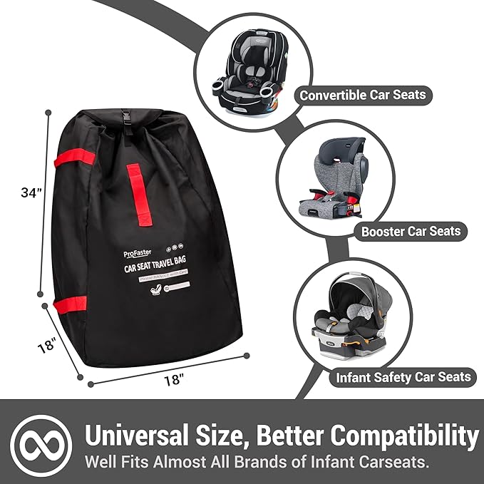 Car Seat Travel Bag Backpack for Air Travel - Karfast Universal Infant Carseat Gate Check Bag Cover for Airplane, Foldable with Pouch, Black