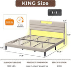 King Size Bed Frames with Upholstered Headboard, Modern Platform Bed with Charging Station and Led Lights, Bed Frame with Sturdy Wooden Slats/No Box Spring Needed/2-Tier Storage, Beige