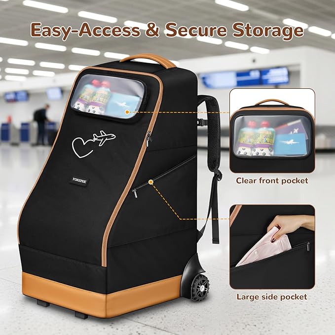 YOREPEK Rolling Car Seat Travel Bag for Airplane, Padded Car Seat Backpack with Large Wheels, Foldable Gate Check Carseat Bags for Air Travel, Clear Pocket for Baby Travel Essentials