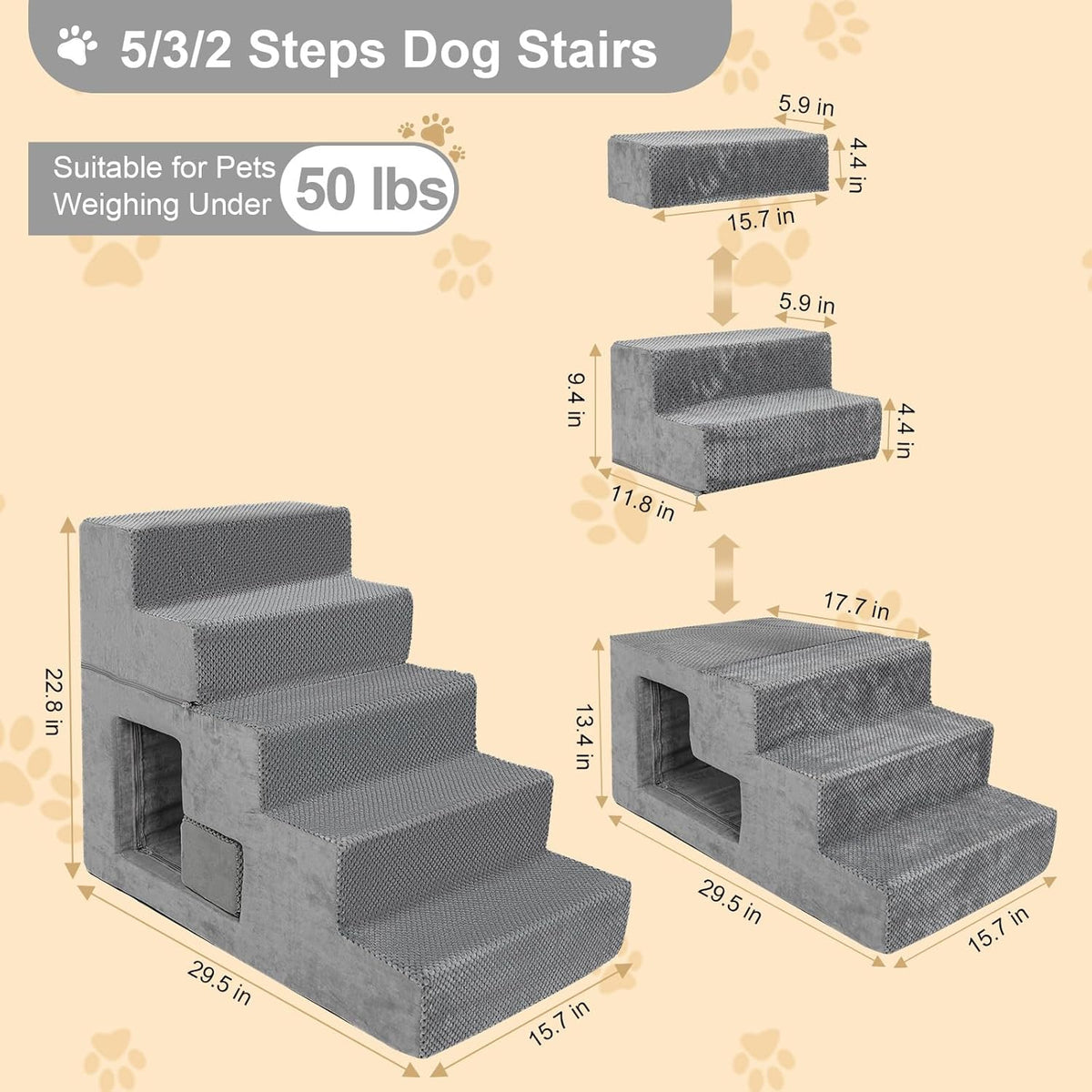 Dog Stairs for Small Dogs 23” H, 5-Step Dog Steps for High Bed, High-Density Foam Pet Stairs with Non-Slip Removable Washable Cover to Get on Bed