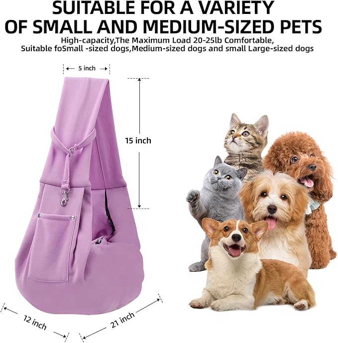 Dog Carrier Sling - Reversible Puppy Carrier Purse with Storage Pocket, Hand-Free Dog Sling Carrier for Carry Small Dogs and Cats, Travel Safety Harness, Dog and Cat Harness (Purple)