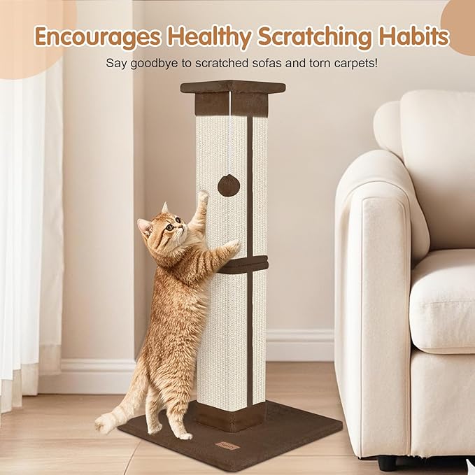 Cat Scratching Post 33 inch for Indoor Cats, High Cat Scratch Post Brown, Cat Tree for Full-Body Stretching, Protect Your Furniture