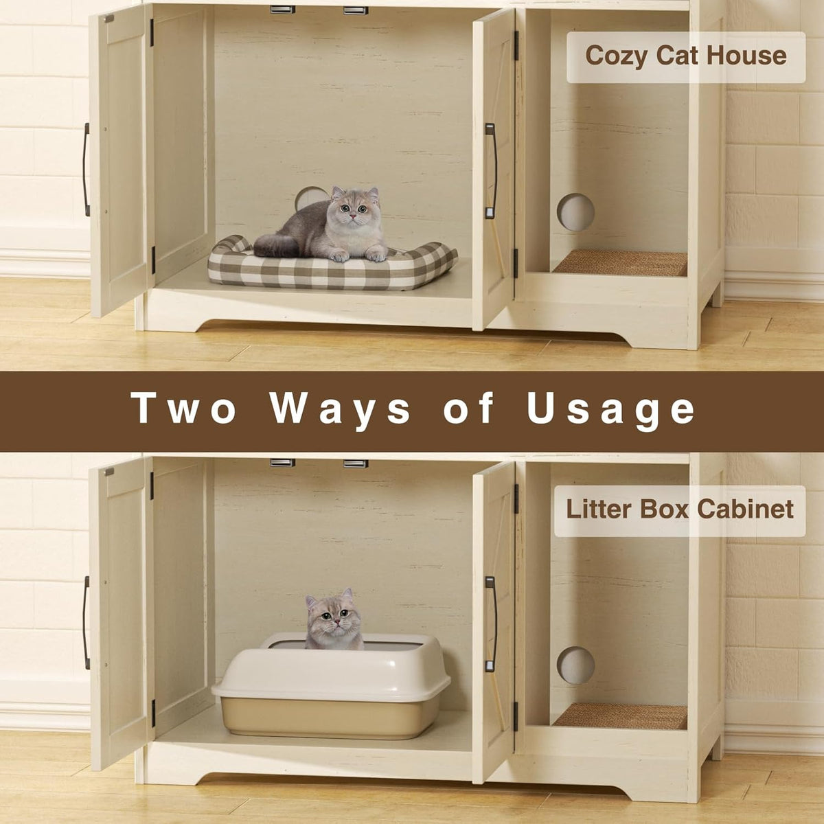 Cat Litter Box Enclosure, Hidden Litter Box Furniture with Scratch Pad, Farmhouse Indoor Cat House Washroom End Table, White