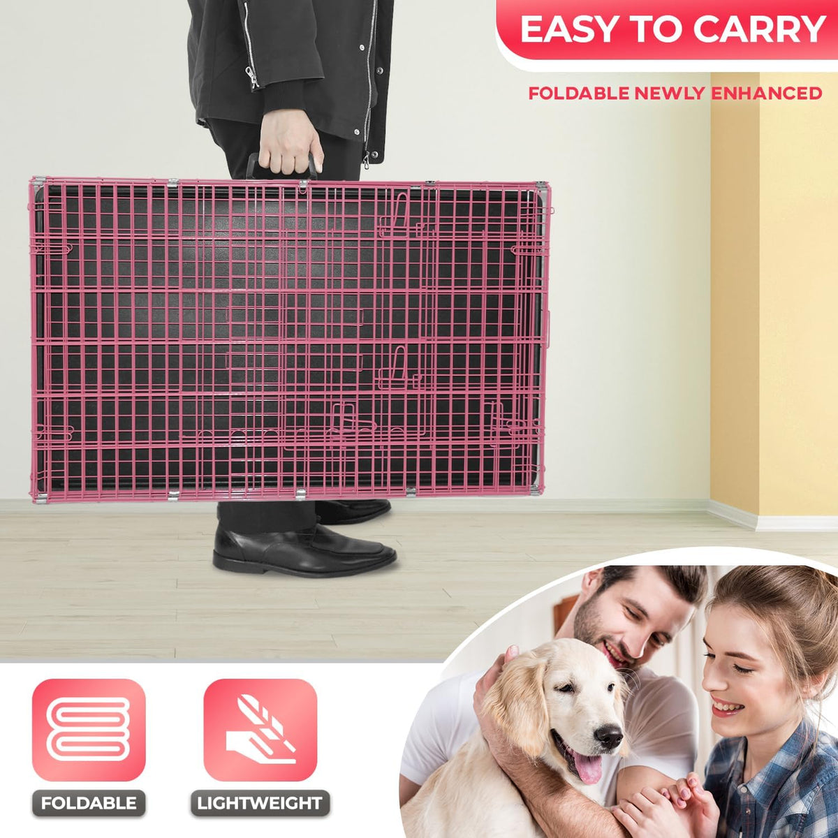 FDW Dog Crate for Large Dogs 48 Inch Folding Metal WirePet Cage Double Door W/Divider Panel Indoor Outdoor Kennel Leak-Proof Plastic Tray,Pink