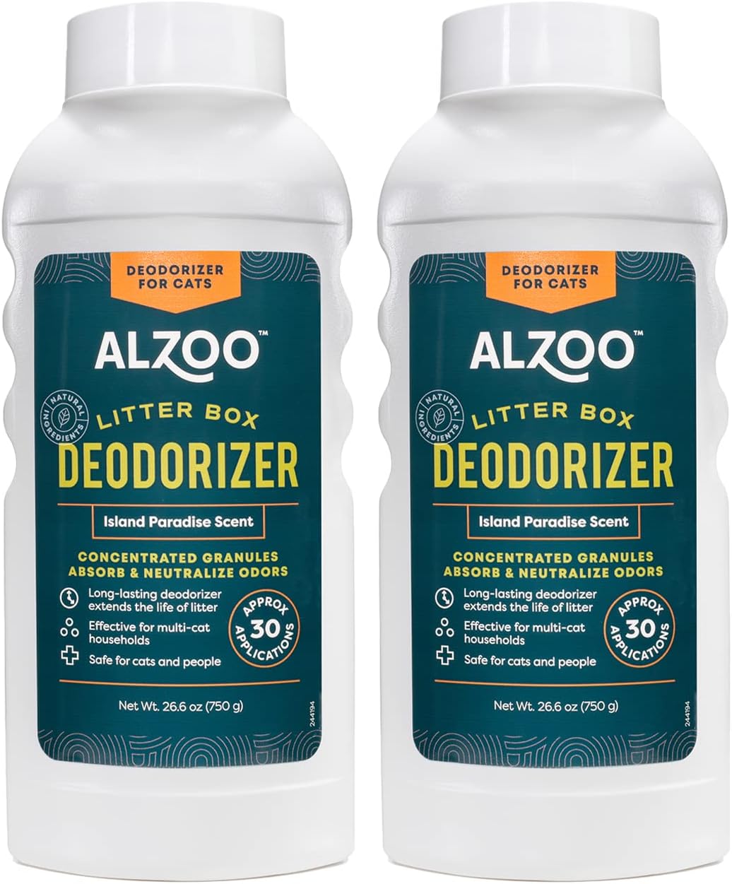 ALZOO Cat Litter Deodorizer, Concentrated Granules Absorb & Help Neutralize Odors, 100% Plant-Based Active Ingredients, Up to 30 Uses, Island Paradise Scent, 26.6 Oz., Pack of 2