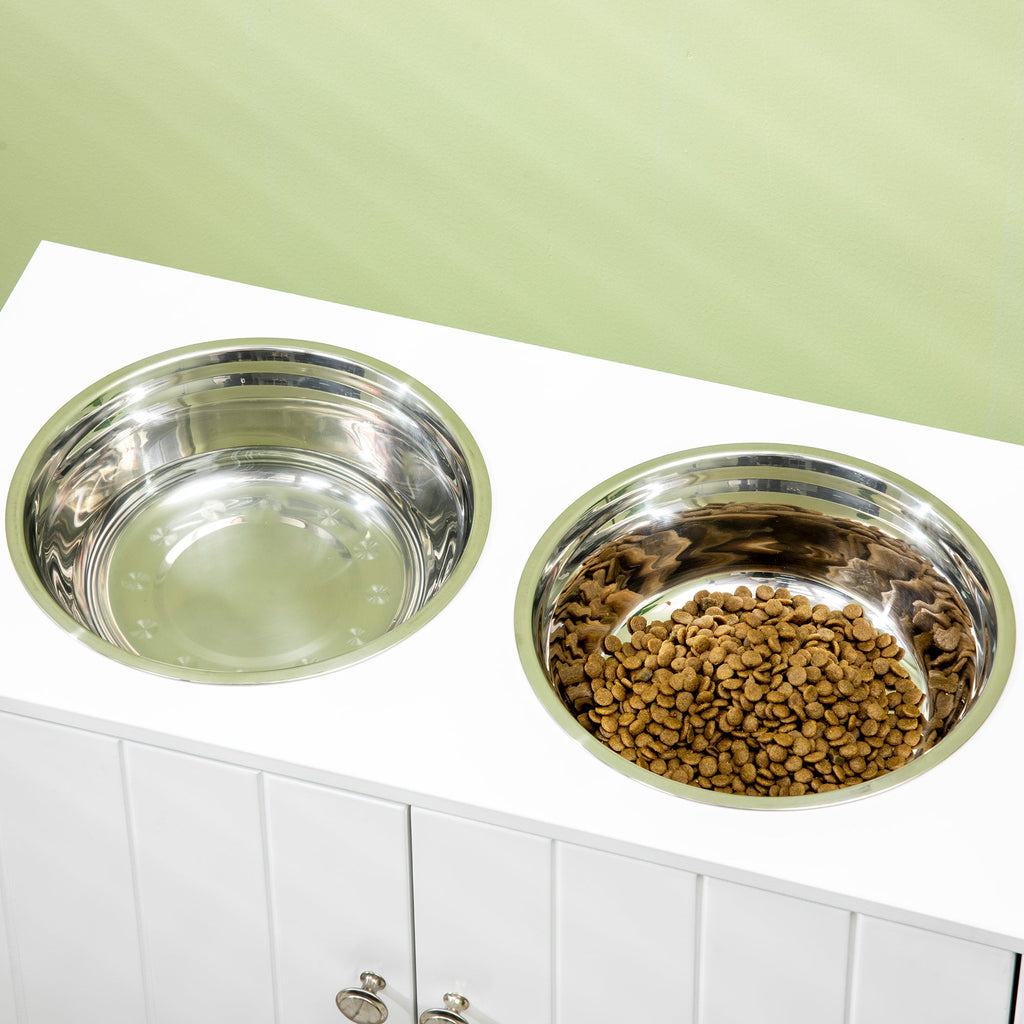 Large Elevated Dog Bowls with Storage Cabinet Containing Large 44L Capacity, Raised Dog Bowl Stand Pet Food Bowl Pet Feeding Station, White