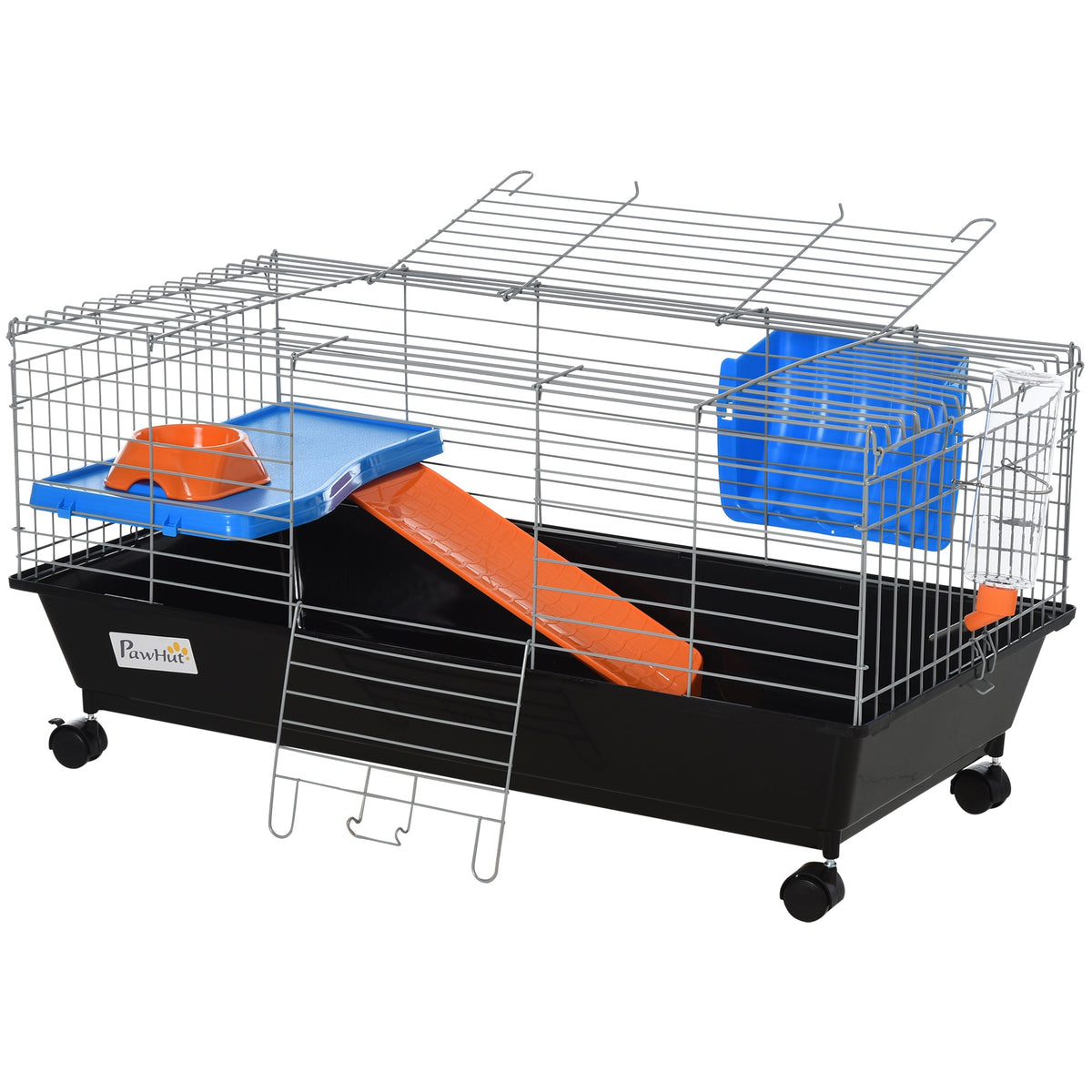 35"L Small Animal Cage with Food Dish, Water Bottle, Hay Feeder, Platform, Ramp for Chinchilla, Black