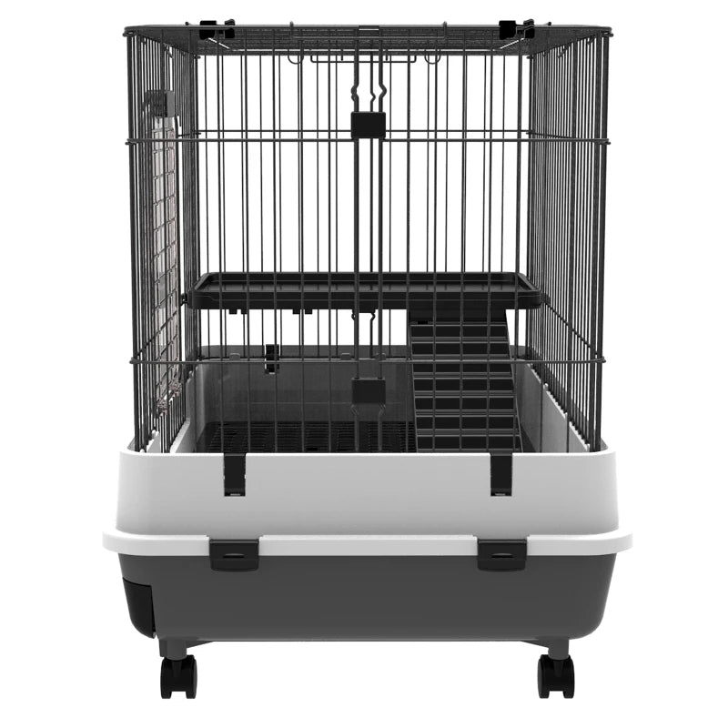 PawHut 2-Level Small Animal Cage Rabbit Hutch With Wheels, Removable Tray, Platform And Ramp For Bunny, Chinchillas, Ferret, Black