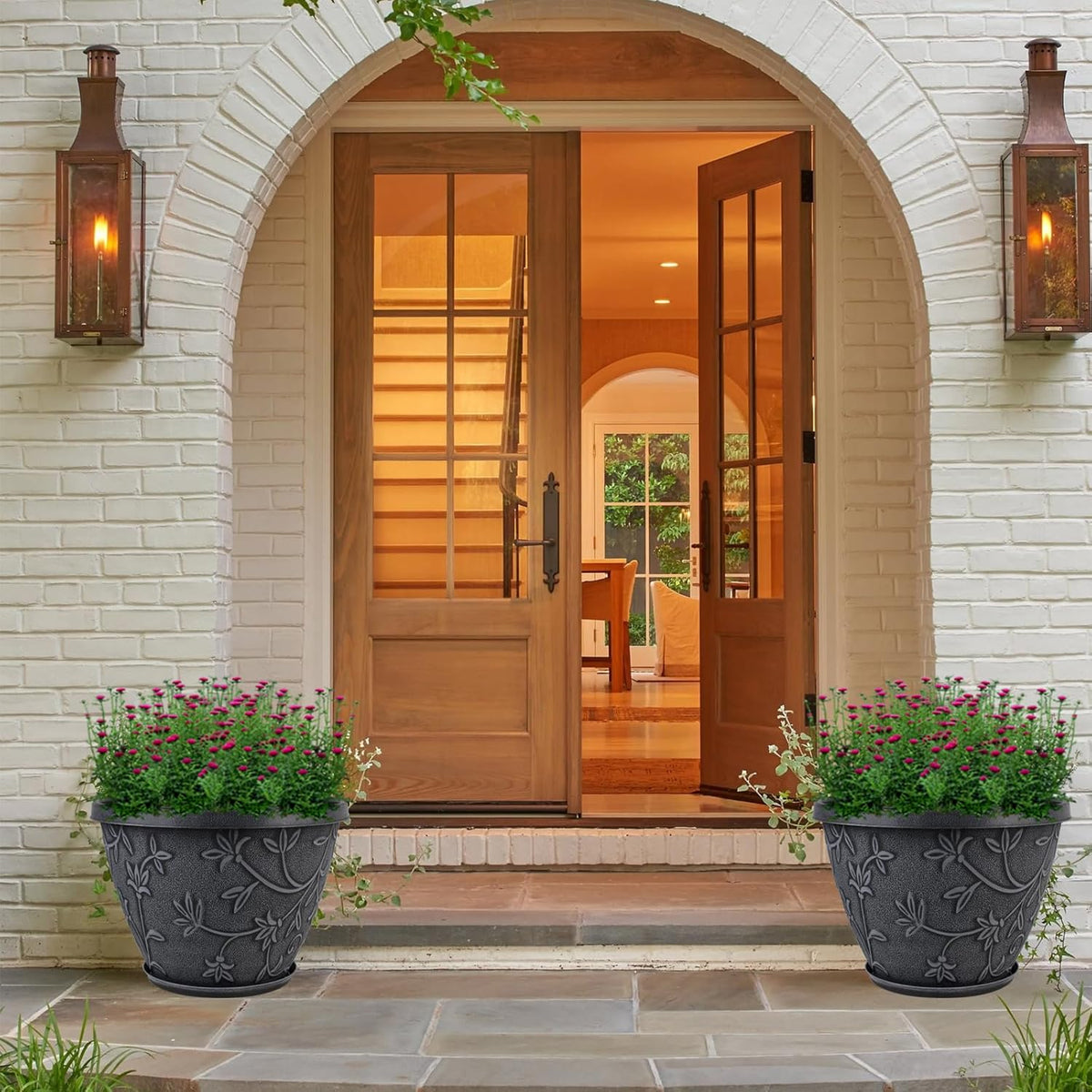 4 Pack 12 Inch Large Flower Pots for Outdoor Indoor, Plastic Plant Pots with Drainage Hole & Saucer, Modern Decorative Garden Pot, Imitation Magnolia Pots for Garden House Planters（Gray）
