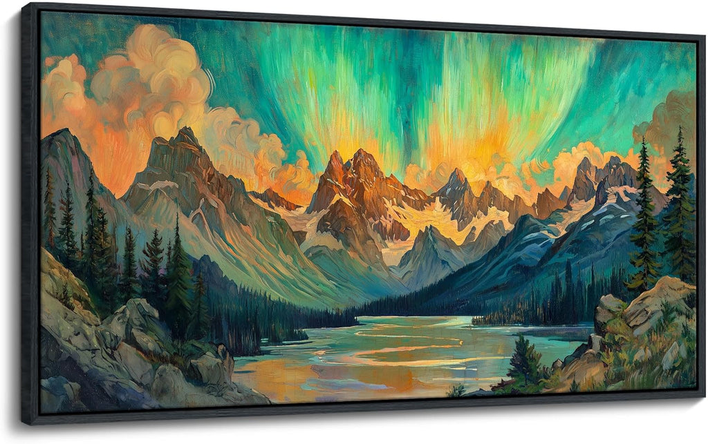 JEAWA Framed Canvas Wall Art - Large Abstract Painting Decor, Textured Mountain Lake Tree Polar Lights Pictures, Modern Art Prints for Bedroom Living Room Bathroom Home Decoration, 29x58 IN