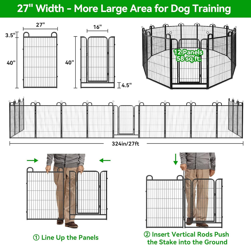 Dog Playpen Outdoor 12 Panels Heavy Duty Dog Fence 40" Height Anti-Rust with Doors Portable for RV Camping Yard, Total 27FT, 58 Sq.ft, Snowy Black
