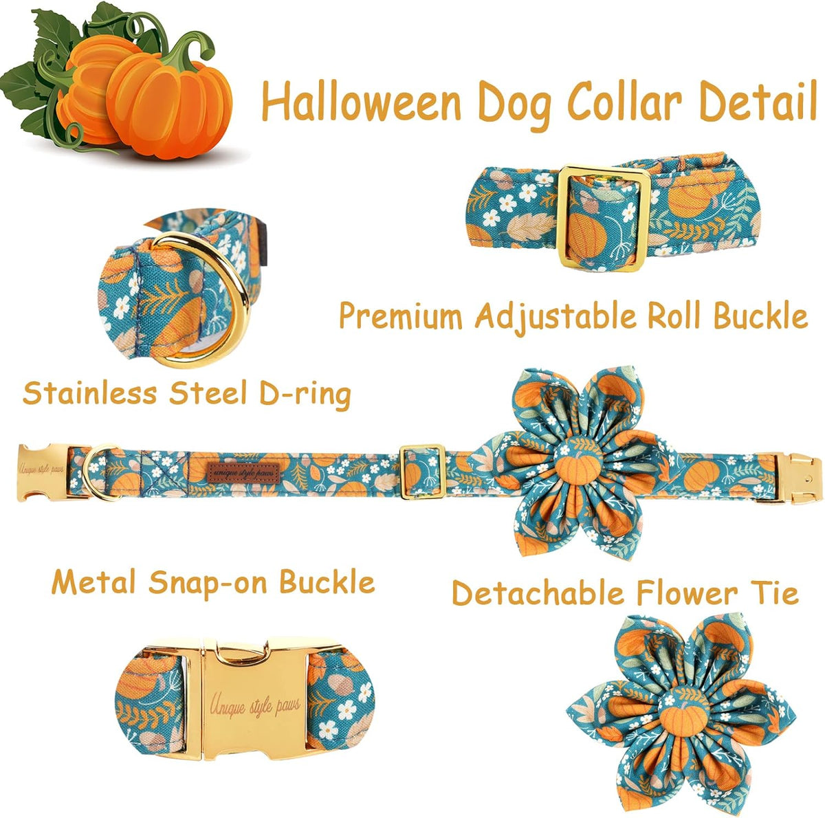 Unique style paws Halloween Dog Collar with Flower Tie Pumpkin Cotton Collar Adjustable Puppy Collar for Small Medium Large Dogs-L