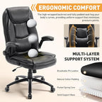 Ergonomic PU Leather Office Chair with Flip-Up Armrests, Reclining Backrest, Adjustable Height & Tilt Tension, Thick Padded Seat, Breathable Leather, 300LBS Capacity Executive Desk Chair,Black