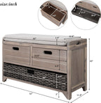Storage Bench Removable Basket 2 Drawers Fully Assembled Acacia Wood Shoe Bench Standing Shoe Rack Removable Cushion for Living Room, Entrance Hallway, No Assembly Required White Washed