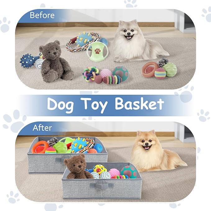 VCEPJH Dog Toy Basket Storage Box, 2 Pack Foldable Pet Toy Basket Shallow Puppy Toy Bin with Handles for Organizing Chew Toys Leashes Clothes Blankets And Accessories(Gray), TP062-2