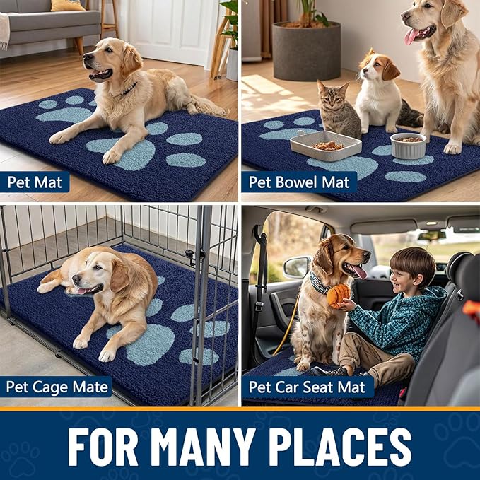 Smiry Dog Door Mat for Muddy Paws, Absorbs Moisture and Dirt, Low-Profile Entryway Mat with Non-Slip Backing, Entry Indoor Outdoor Doormat for Inside Floor (36x24 Inches, Dark Blue, Paw)