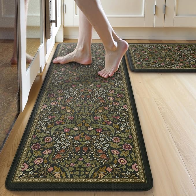 Collive Anti Fatigue Kitchen Mats, Spring Green Floral Kitchen Rugs Sets of 2 Non Slip Waterproof Standing Mat, Vintage Comfort Desk Rug for Office, Sink, Laundry, 17.3"x29"+17.3"x47"