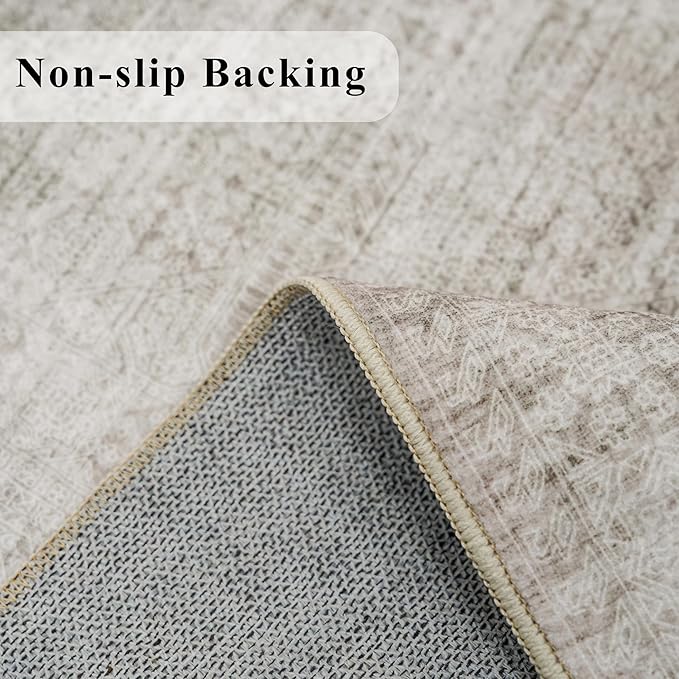 Washable 3x6 Neutral Area Rugs: Water-Resistant Kitchen Rug Low Pile Soft Beside Carpet for Bedroom Nursery Anti-Slip Entryway Bathroom Runner Rug Thin Distressed Hallway Floor Mat(3x6,Beige/Ivory)