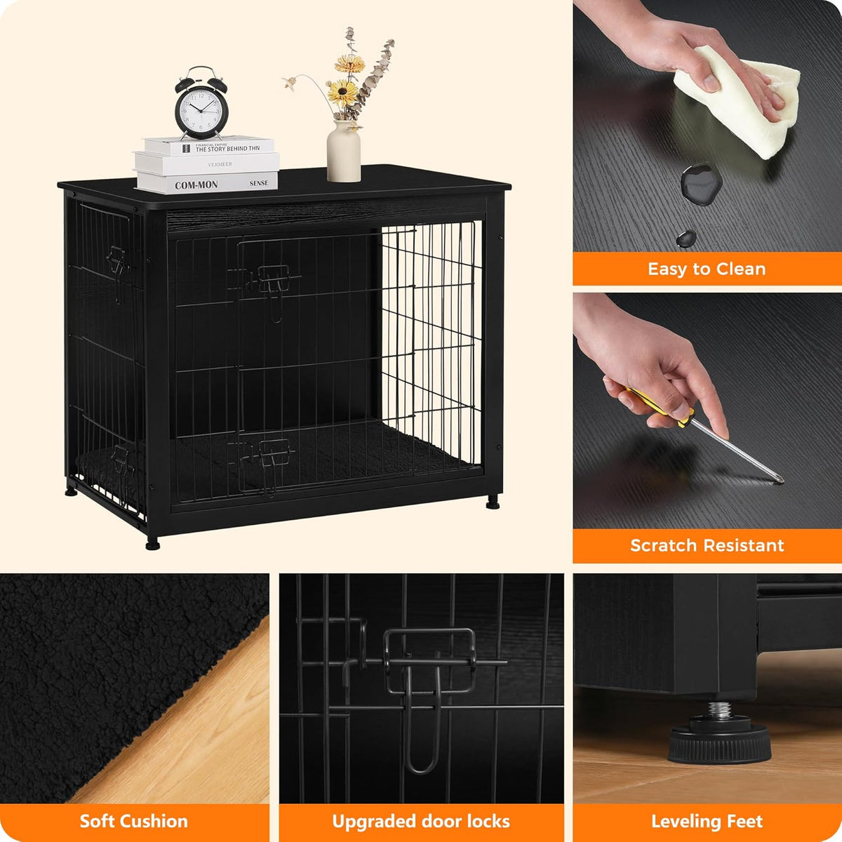 DWANTON Dog Crate Furniture with Cushion, Wooden Kennel Table with Double Doors, Indoor Dog House, Medium Size, 32.5" L, Black
