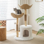 Cat Tree Tower, 46 inch Modern Cat Tree for Indoor Cats Large Adult, Luxury Cat Condo with Scratching Post, Real Solid Wood Branch Indoor Boho Furniture, Climbing Tower, White