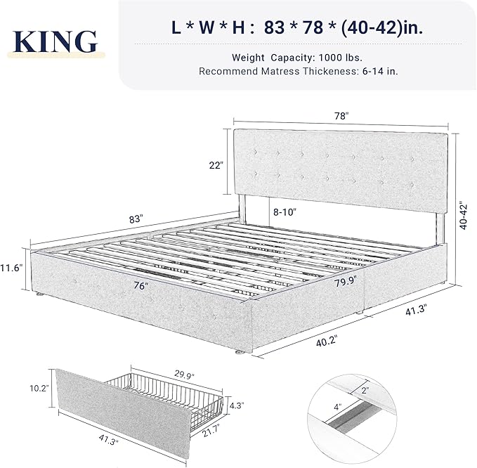 Allewie Upholstered King Size Platform Bed Frame with 4 Storage Drawers and Headboard, Square Stitched Button Tufted, Mattress Foundation with Wooden Slats Support, No Box Spring Needed, Beige