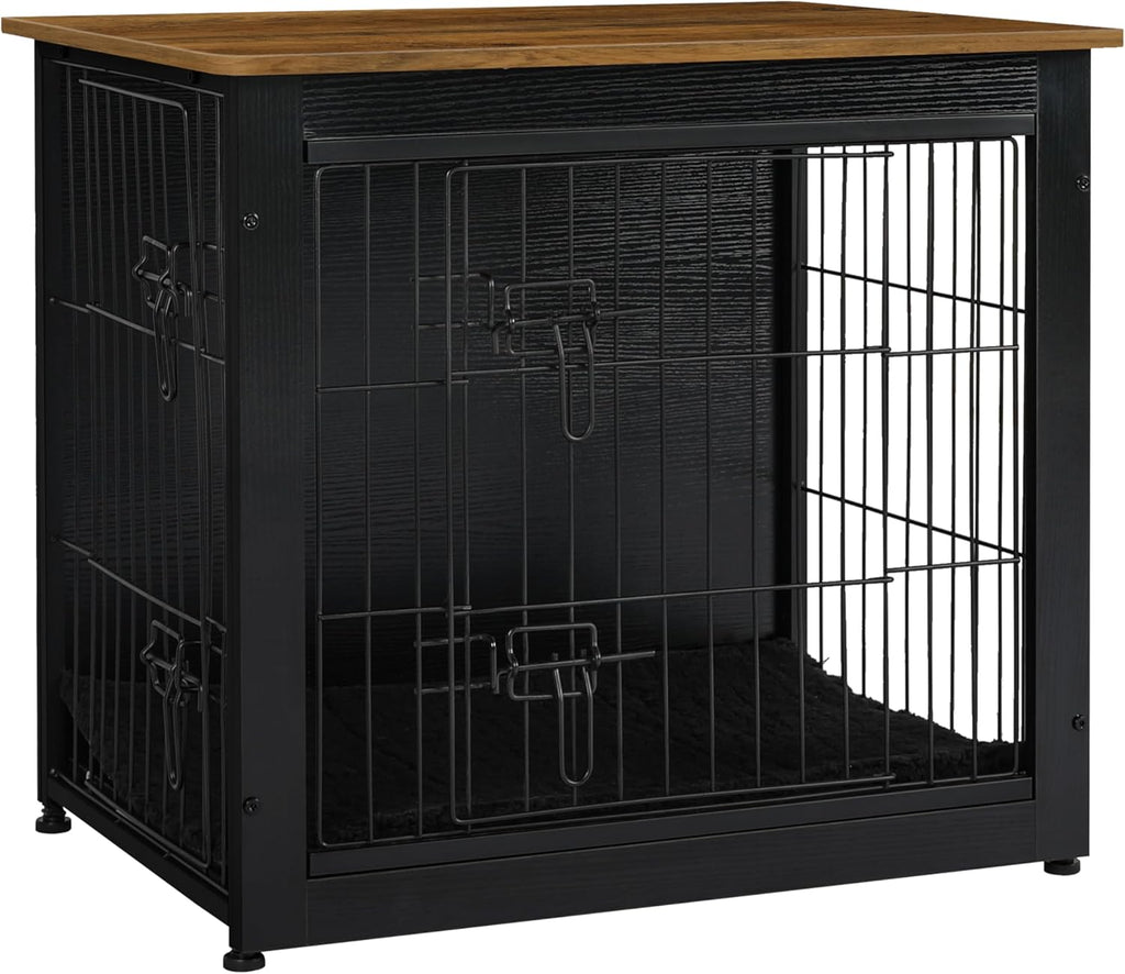 DWANTON Dog Crate Furniture with Cushion, Wooden Kennel Table with Double Doors, Indoor Dog House, Small/Medium/Large Size, 27.2" L, Black+Warm Brown