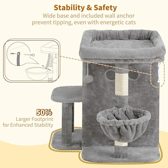 Heybly Cat Tree, 25.6-inch Cat Tower with Spacious Top Perch for Large Cats, Stair-Style Cat House Furniture with Dual-Layer Condos, Sisal Scratching Posts, Cozy Basket & Pompom, Light Gray HCT204SW