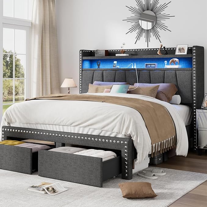 Queen Size Bed Frame with Storage Headboard and Drawers Modern Rivets Upholstered Bed Frame with LED Charging Station Queen Bedframe No Box Spring Needed