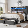 Queen Size Bed Frame with Storage Headboard and Drawers Modern Rivets Upholstered Bed Frame with LED Charging Station Queen Bedframe No Box Spring Needed
